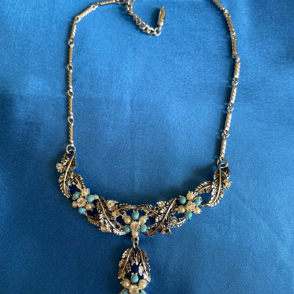 Silver Tone Faux Pearl Turquoise Beaded Rhinestone Drop Choker Necklace
